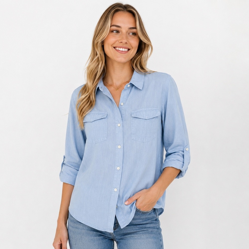 William B Light Blue Cotton Button Up Shirt Roll Tab Long Sleeve Size M/L Preppy